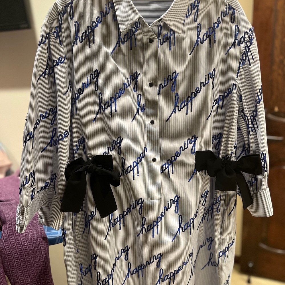 Striped Shirt with Blue Script and Black Bows